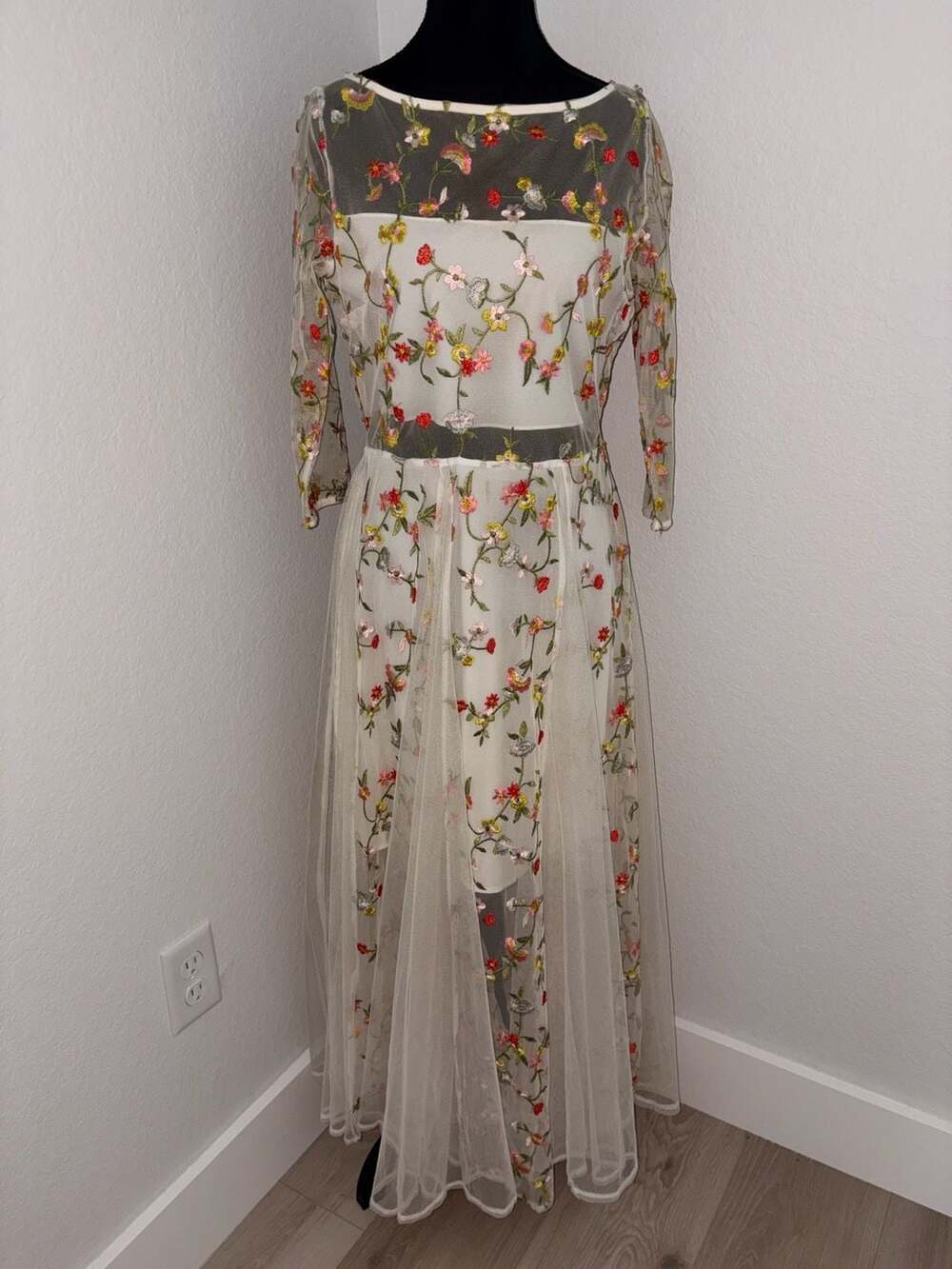 Sheer Embroidered Mesh Maxi Dress